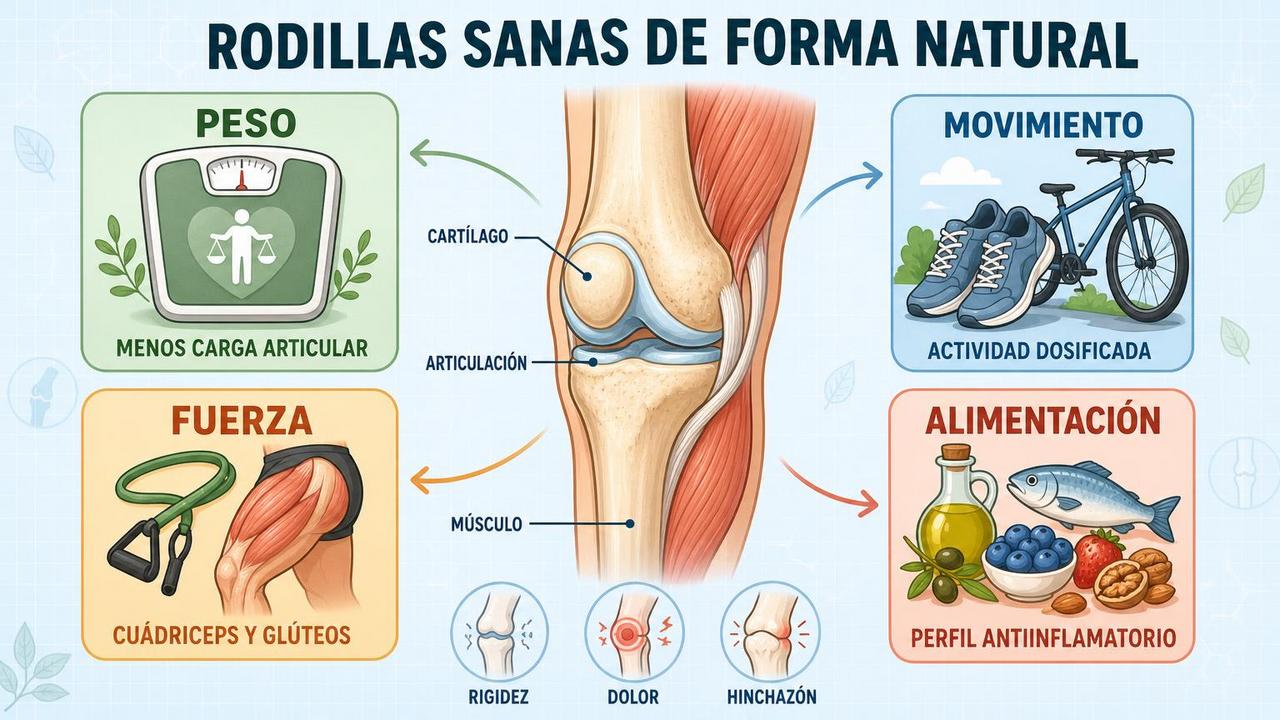 Peso, movimiento, fuerza y alimentación sostienen unas rodillas más cuidadas.