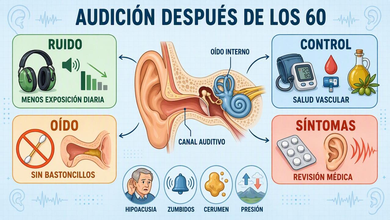 Ruido, control vascular, cuidado del oído y síntomas clave para proteger la audición.