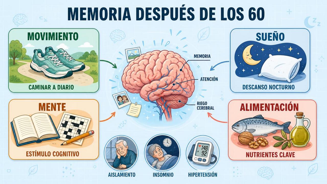 Movimiento, sueño, estimulación mental y alimentación sostienen la salud cerebral diaria.