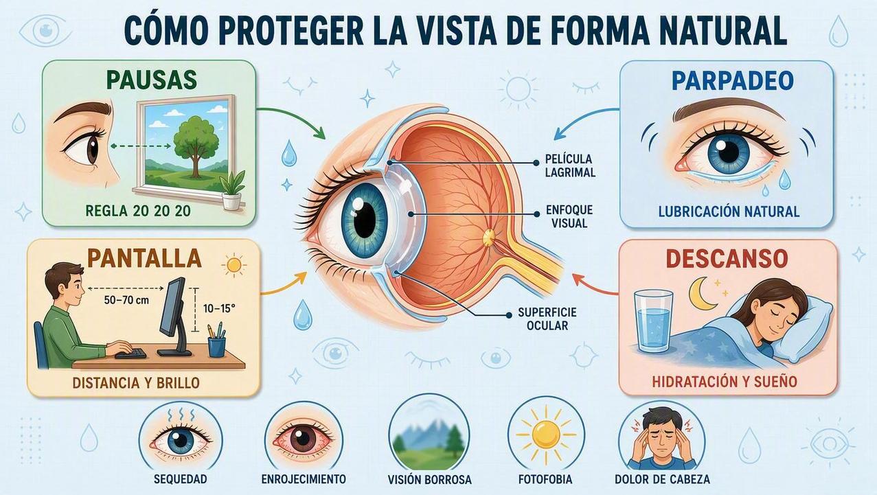 Pausas, parpadeo, pantalla y descanso: pilares para proteger la vista.