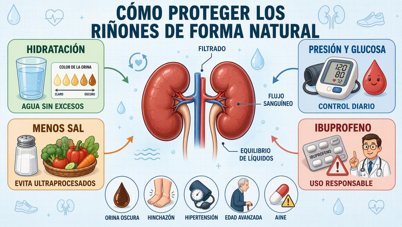Cuatro pilares renales: hidratación, control metabólico, menos sal y uso responsable.
