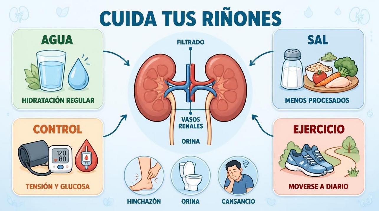 Hidratación, menos sal, control metabólico y ejercicio cuidan los riñones.