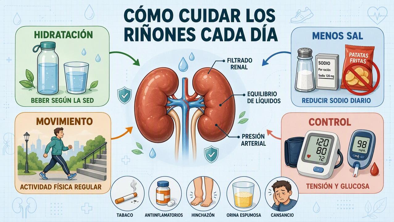 Hidratación, menos sal, movimiento y control metabólico sostienen la función renal.
