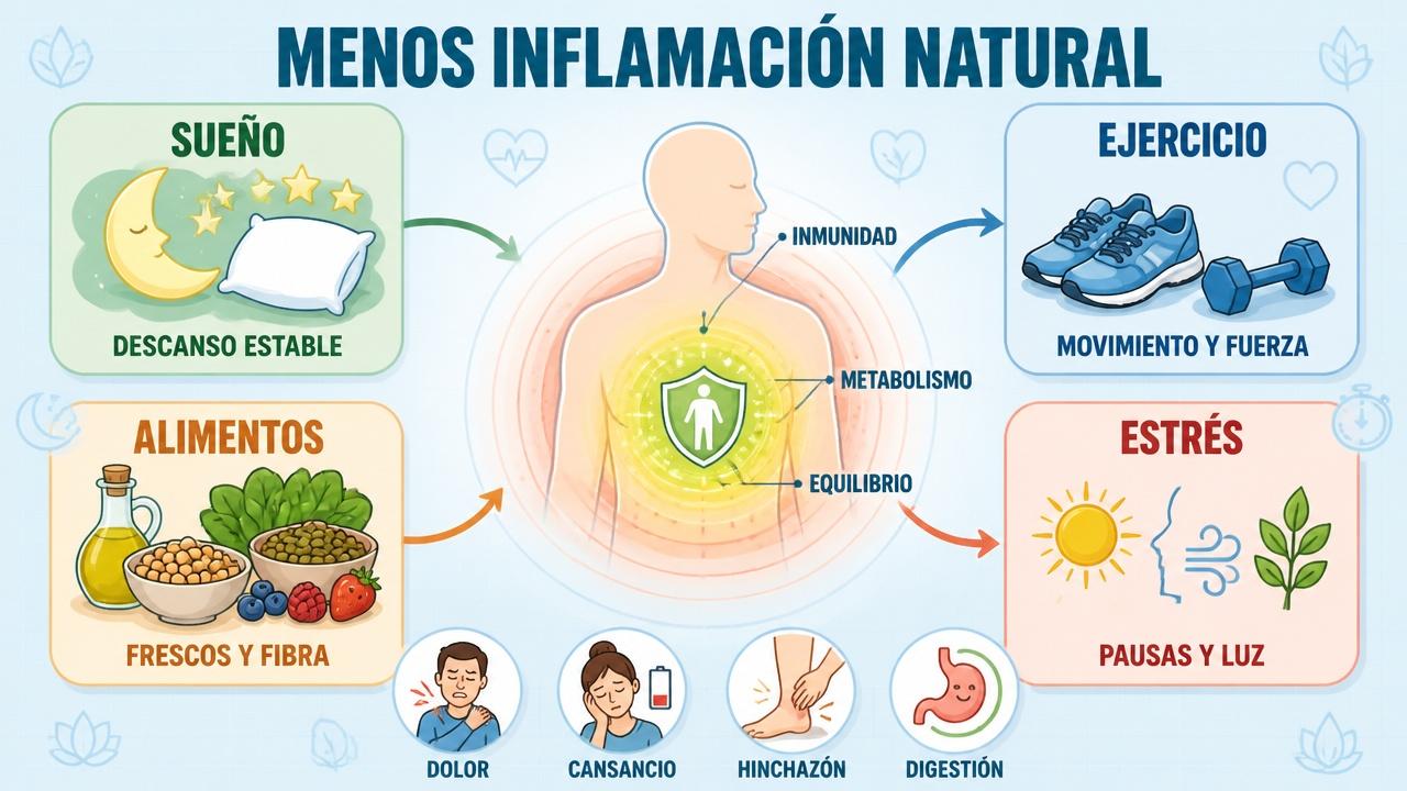 Sueño, ejercicio, alimentación y control del estrés forman la base antiinflamatoria.