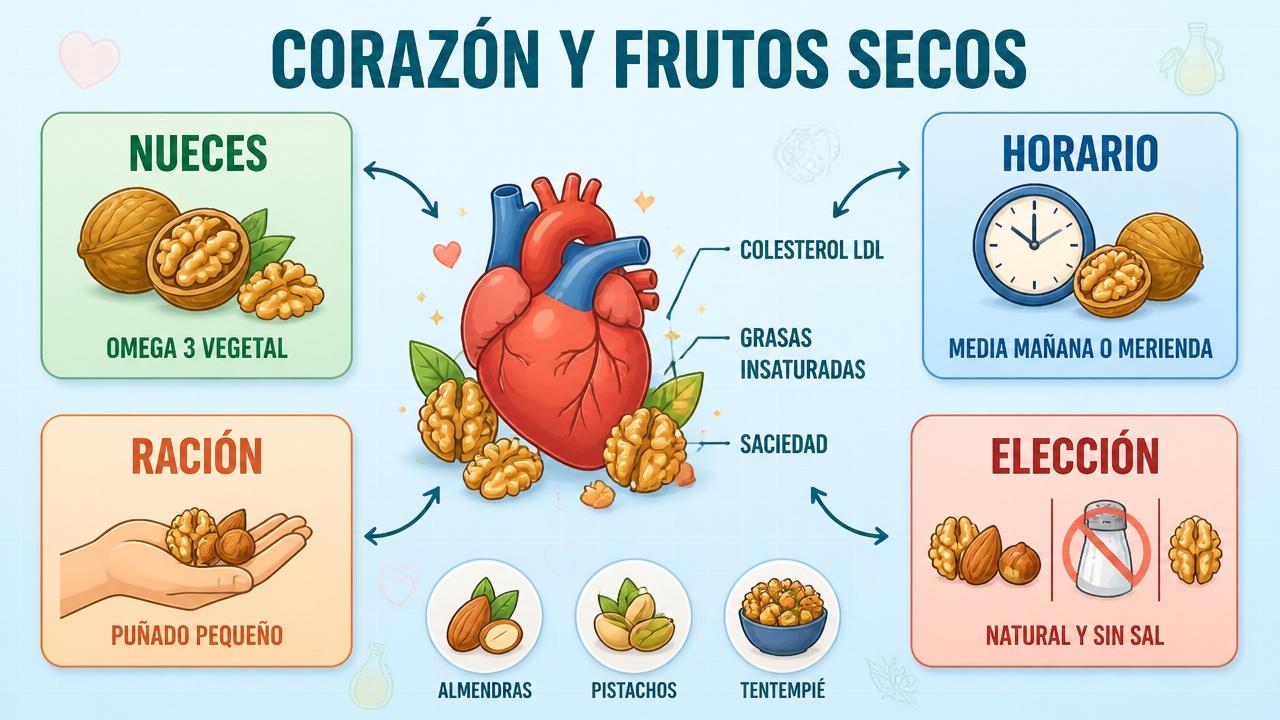 Nueces, horario, ración y elección adecuada para cuidar mejor el corazón.