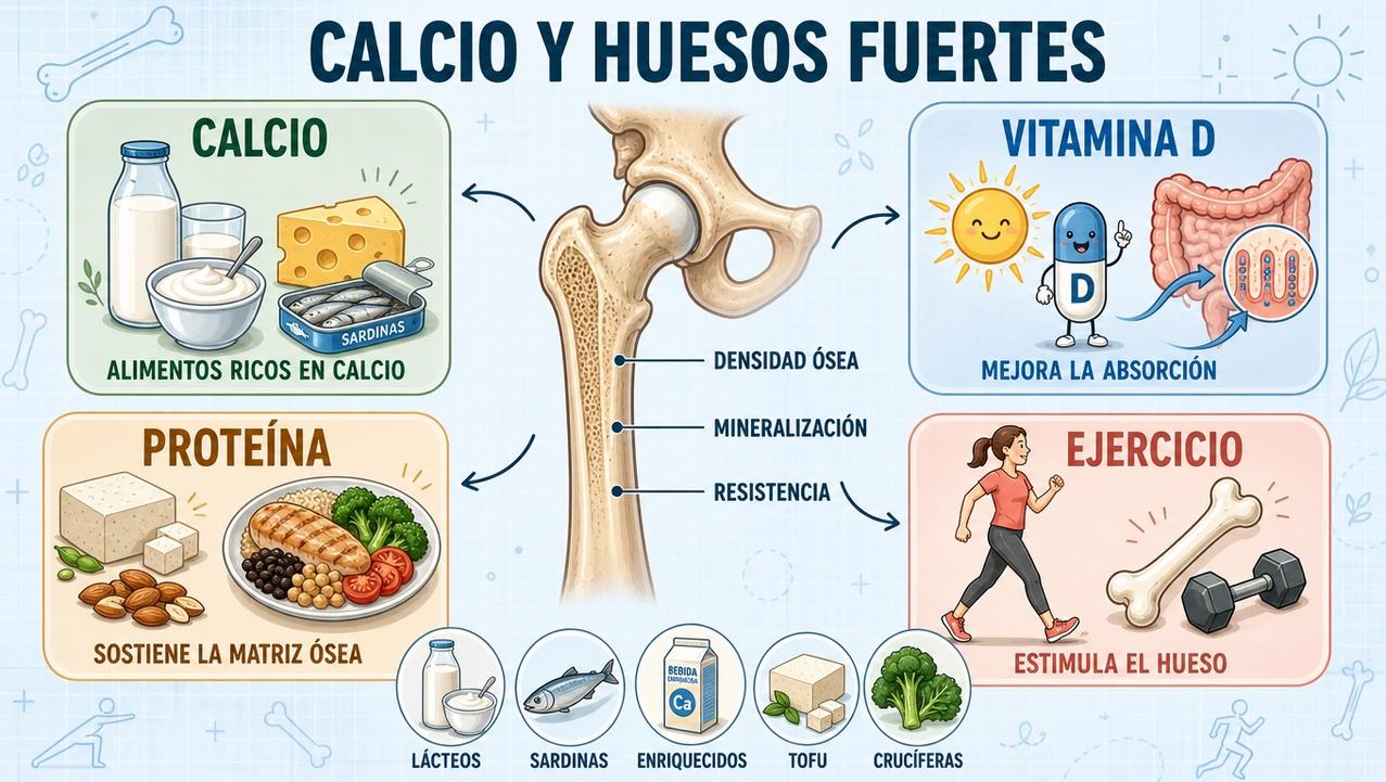 Calcio, vitamina D, proteína y ejercicio sostienen la salud ósea.