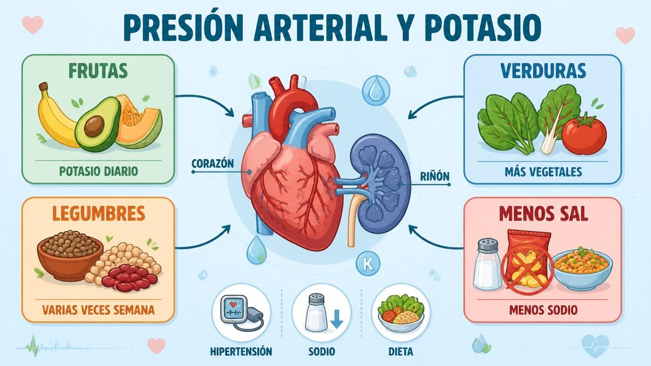 Frutas, verduras, legumbres y menos sal apoyan el control tensional.