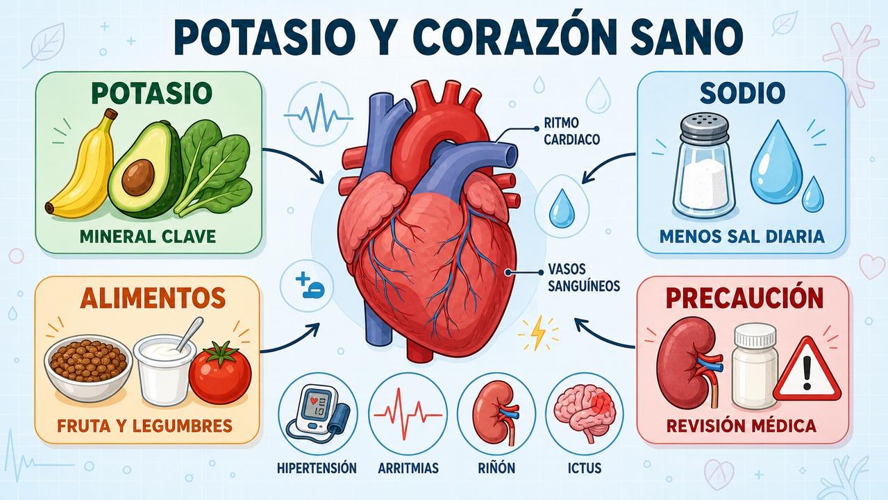 Potasio, sodio, alimentos y precaución, claves para cuidar la salud cardiovascular.