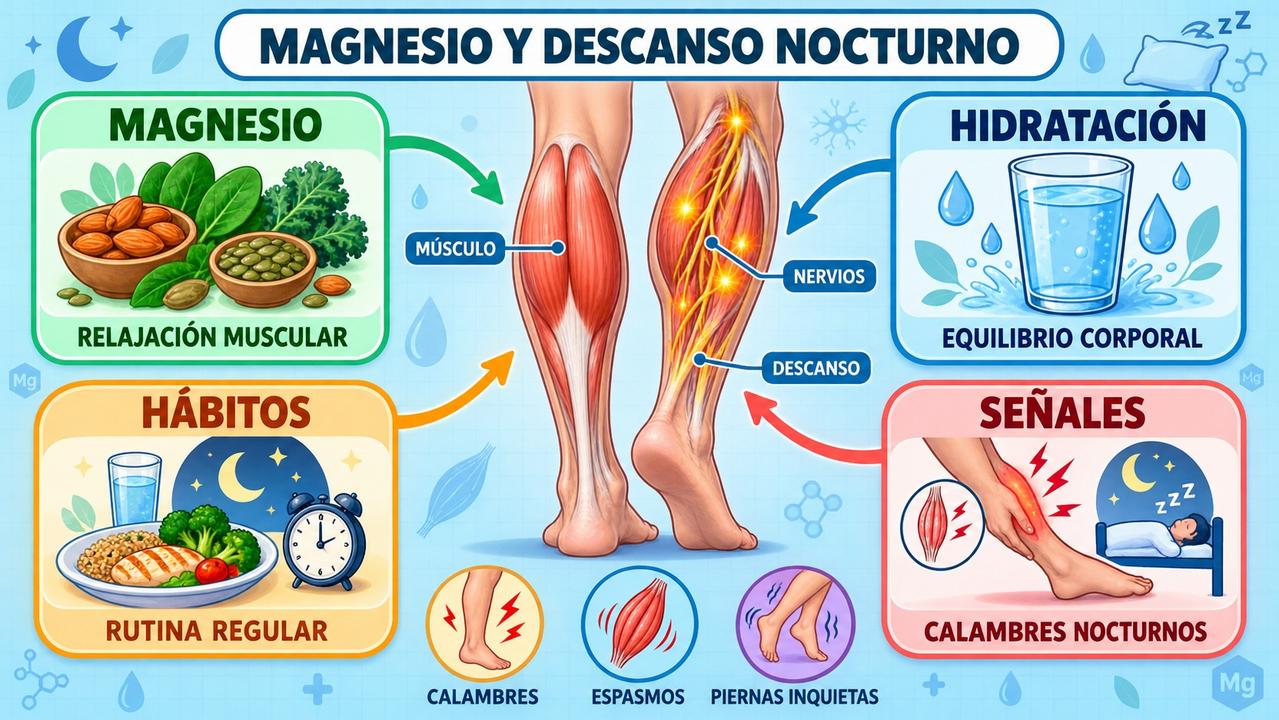 Magnesio, hidratación, hábitos y señales clave para aliviar molestias nocturnas.