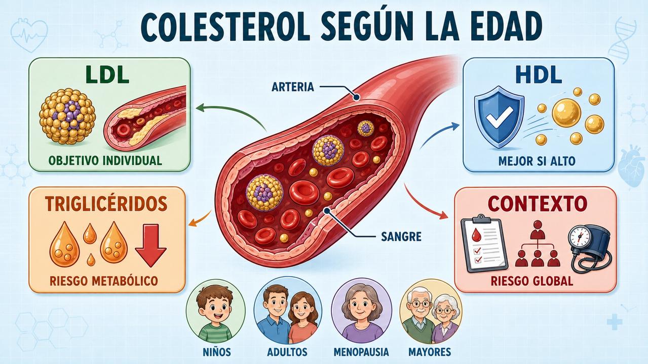 LDL, HDL, triglicéridos y contexto clínico guían la lectura del perfil lipídico.