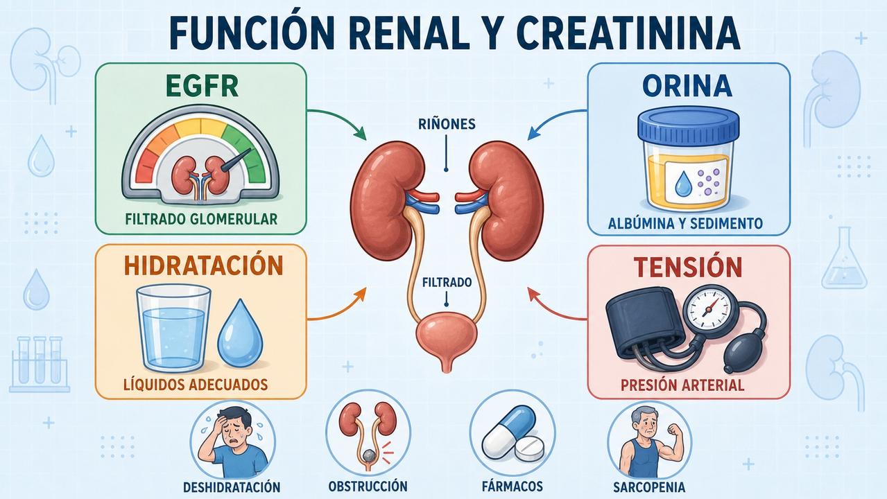 eGFR, orina, hidratación y tensión ayudan a interpretar mejor la creatinina.