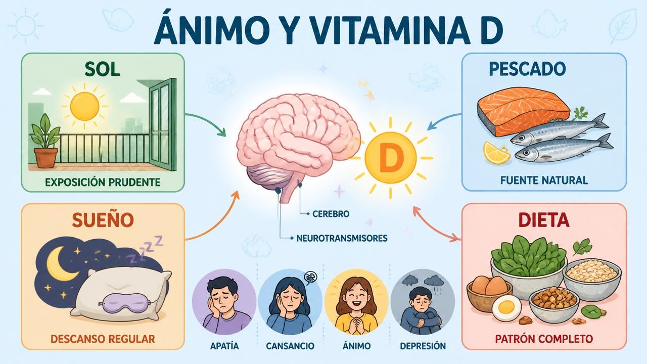 Sol, pescado, sueño y dieta completa apoyan el bienestar emocional.