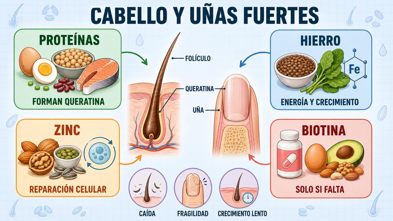 Proteínas, hierro, zinc y biotina orientan el cuidado de cabello y uñas.