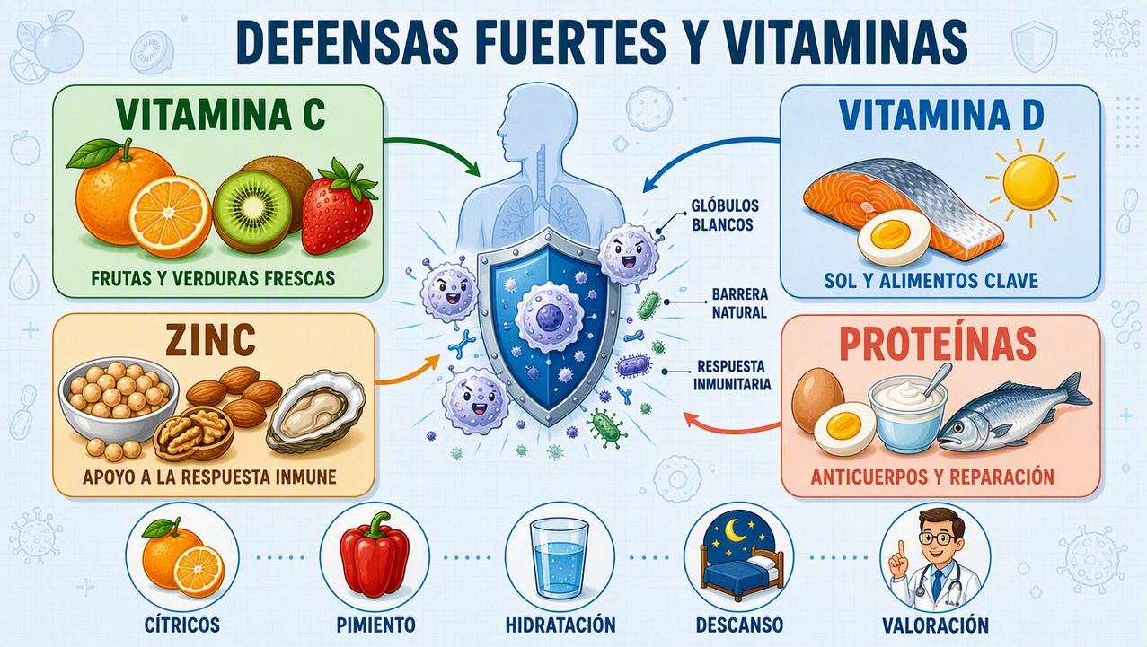 Vitamina C, D, zinc y proteínas sostienen una respuesta inmunitaria equilibrada.