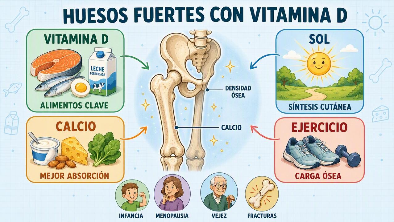 Vitamina D, sol, calcio y ejercicio sostienen la salud ósea.
