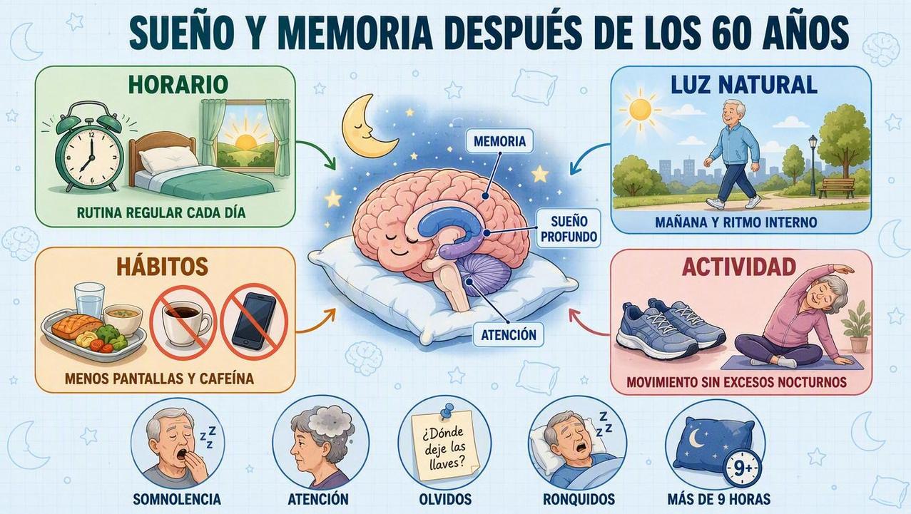 Rutina, luz, hábitos y actividad sostienen un sueño reparador tras los 60.