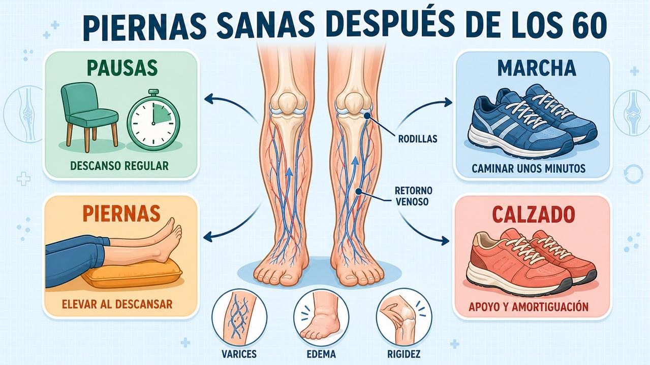 Pausas, marcha, elevar piernas y buen calzado alivian rodillas y circulación.