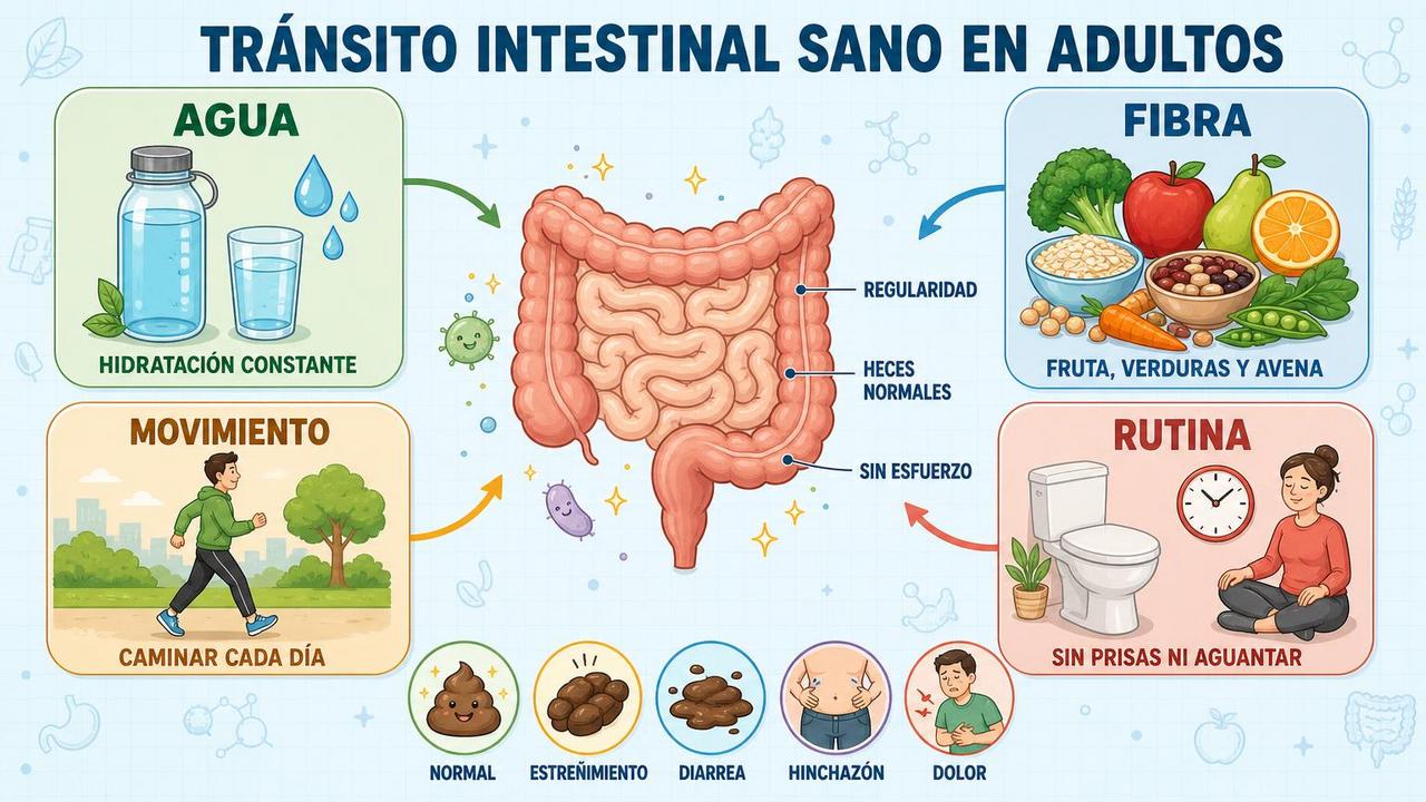 Agua, fibra, movimiento y rutina ayudan a mantener un tránsito sano.