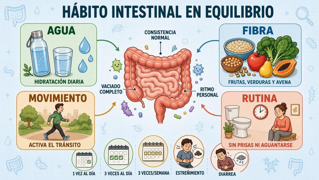 Agua, fibra, movimiento y rutina sostienen un hábito intestinal saludable.