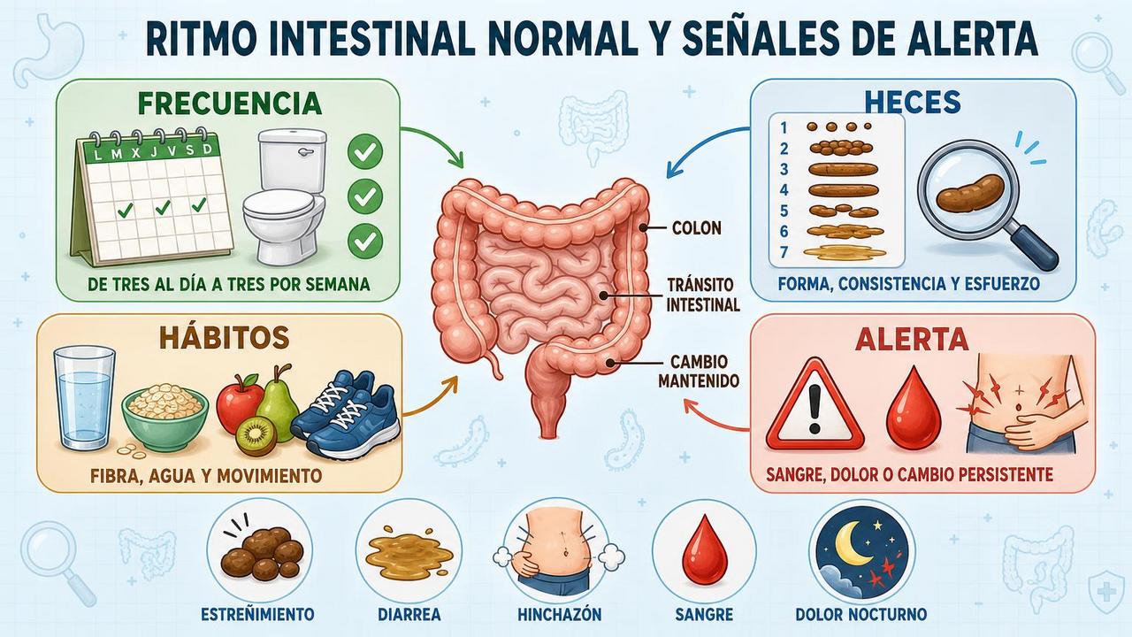 Frecuencia, forma, hábitos y señales de alerta orientan la salud intestinal.