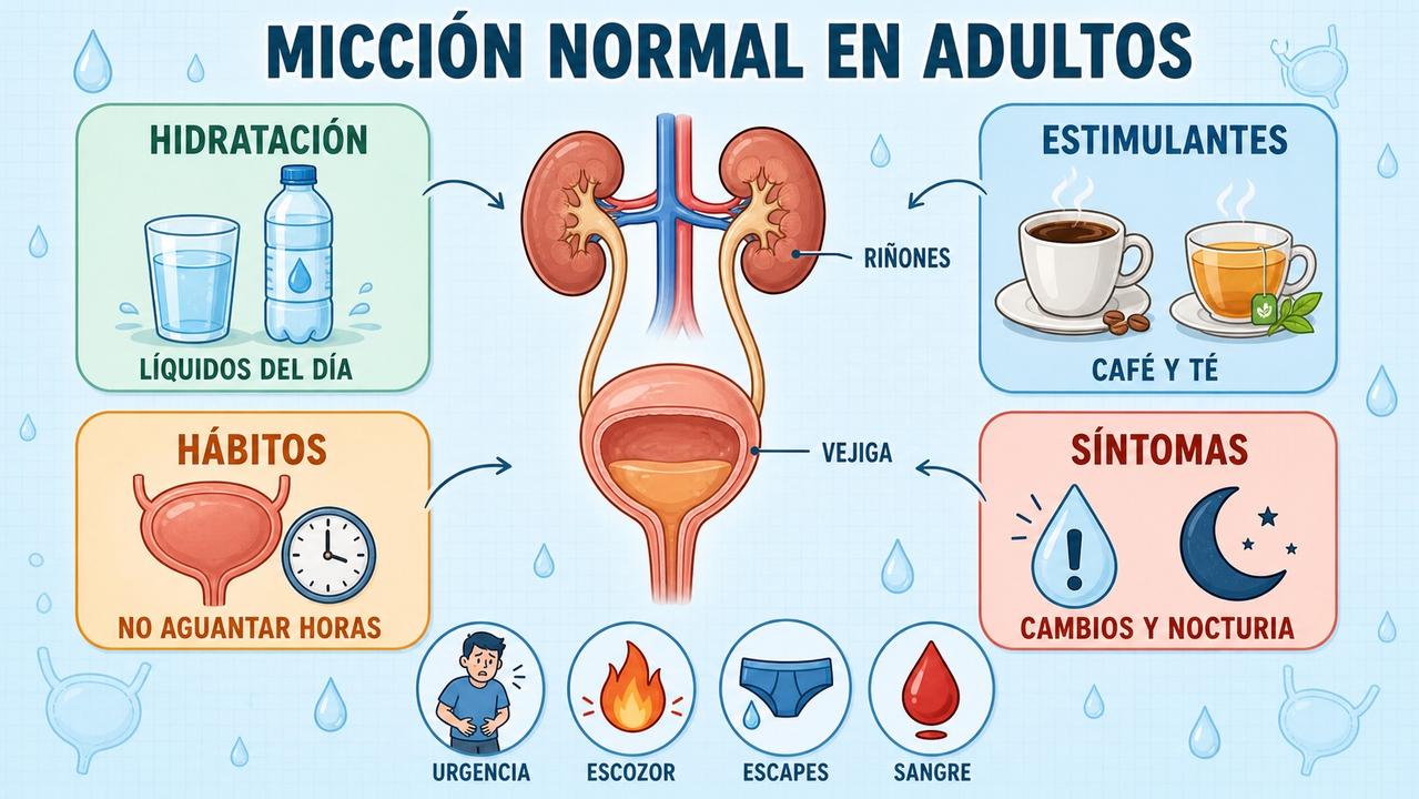 Hidratación, estimulantes, hábitos y síntomas orientan sobre micción y salud urinaria.