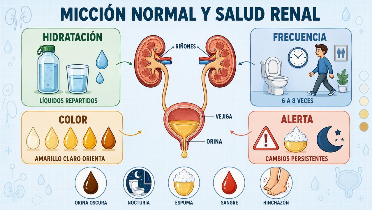 Hidratación, frecuencia, color y alertas orientan sobre la salud renal.