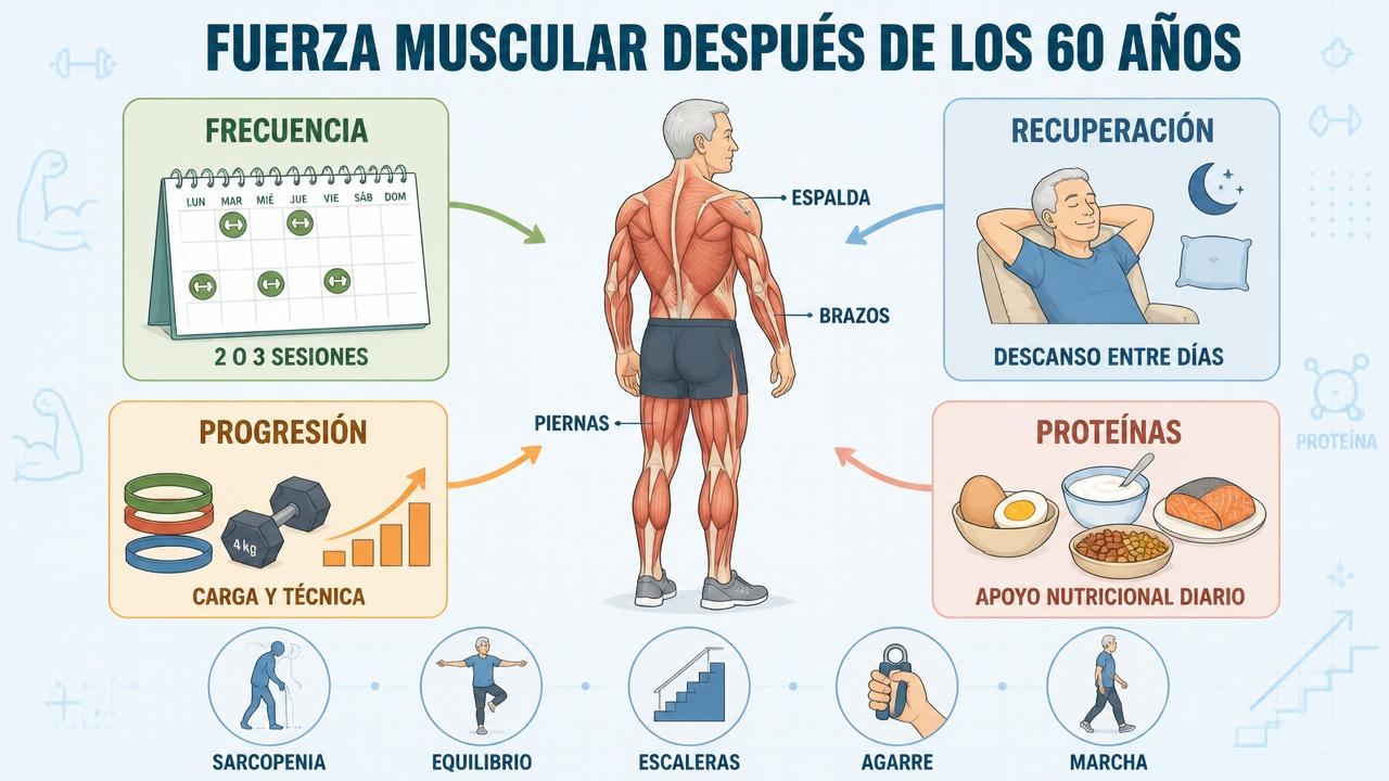 Frecuencia, recuperación, progresión y proteínas sostienen la masa muscular en mayores.