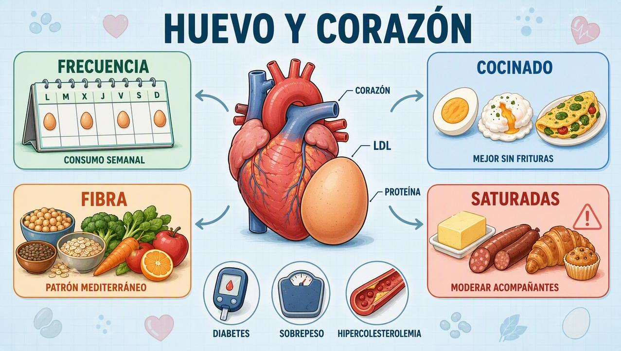 Frecuencia, cocinado, fibra y grasas saturadas marcan el impacto del huevo.