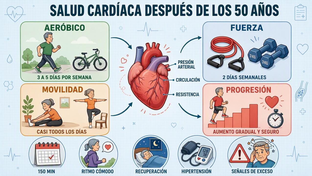 Aeróbico, fuerza, movilidad y progresión sostienen la salud cardíaca semanal.