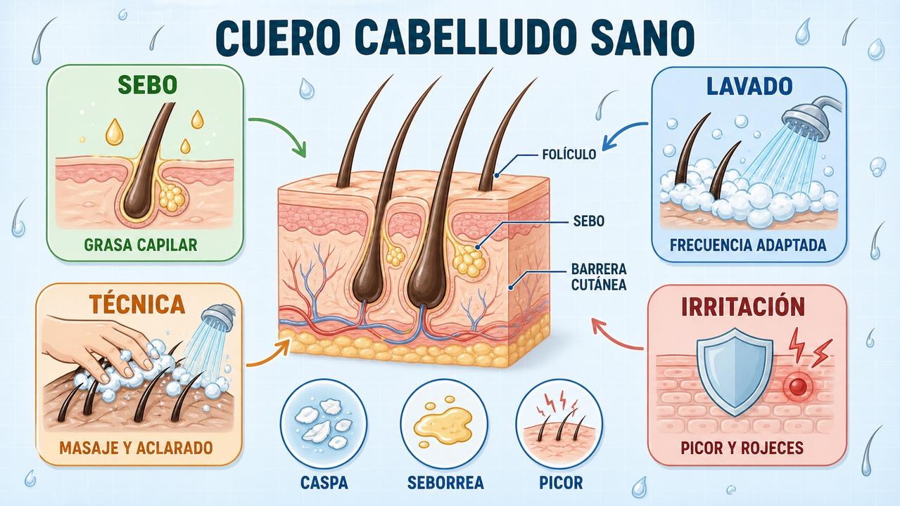 Sebo, lavado, técnica e irritación orientan el cuidado del cuero cabelludo.