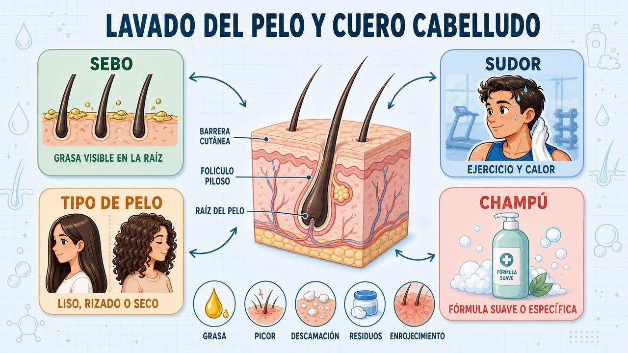 Sebo, sudor, tipo de pelo y champú guían la rutina capilar.