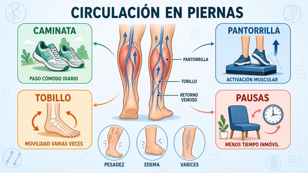 Caminata, pantorrilla, tobillo y pausas activas favorecen el retorno venoso.