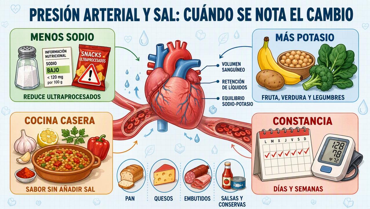 Menos sodio, más potasio, cocina casera y constancia favorecen la presión arterial.