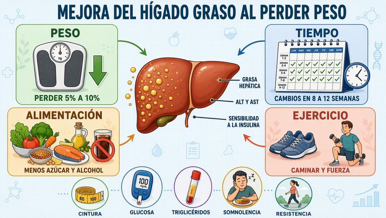 Peso, tiempo, alimentación y ejercicio sostienen la mejoría del hígado graso.