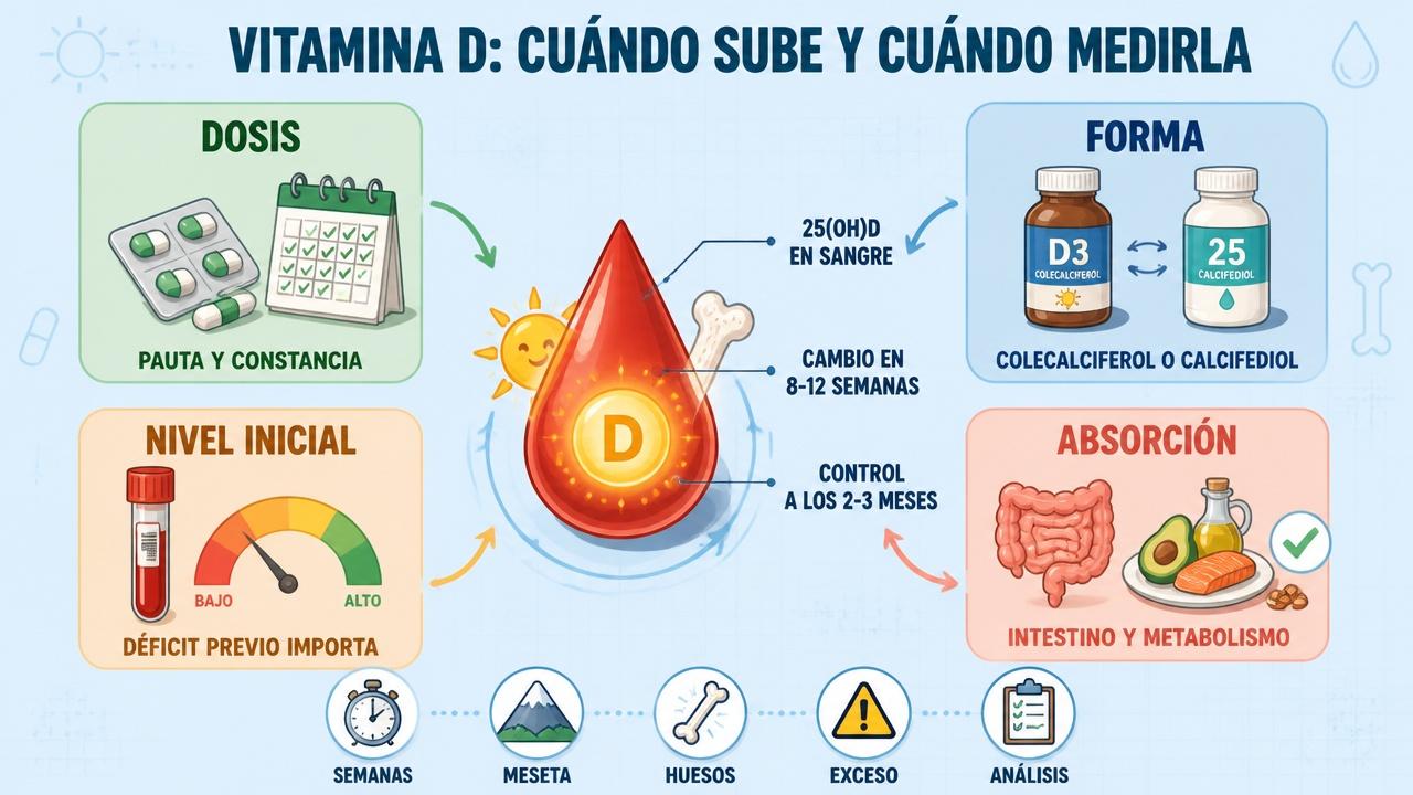 Dosis, forma, nivel inicial y absorción marcan cuándo medir la vitamina D.