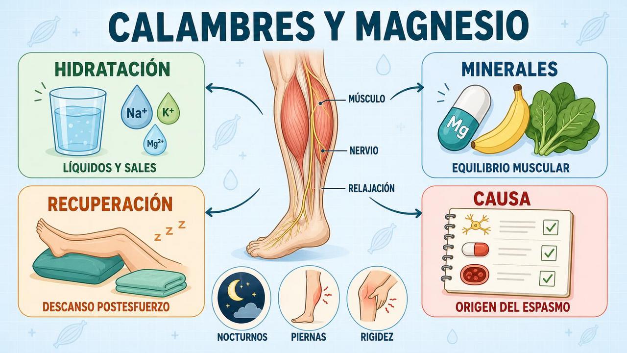 Hidratación, minerales, recuperación y causa real influyen en los calambres.