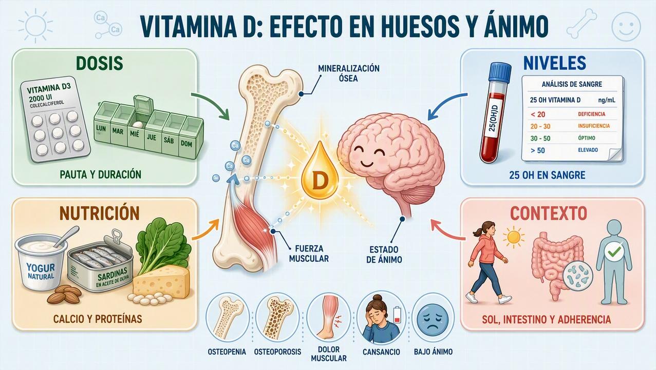 Dosis, niveles, nutrición y contexto influyen en la respuesta a la vitamina D.