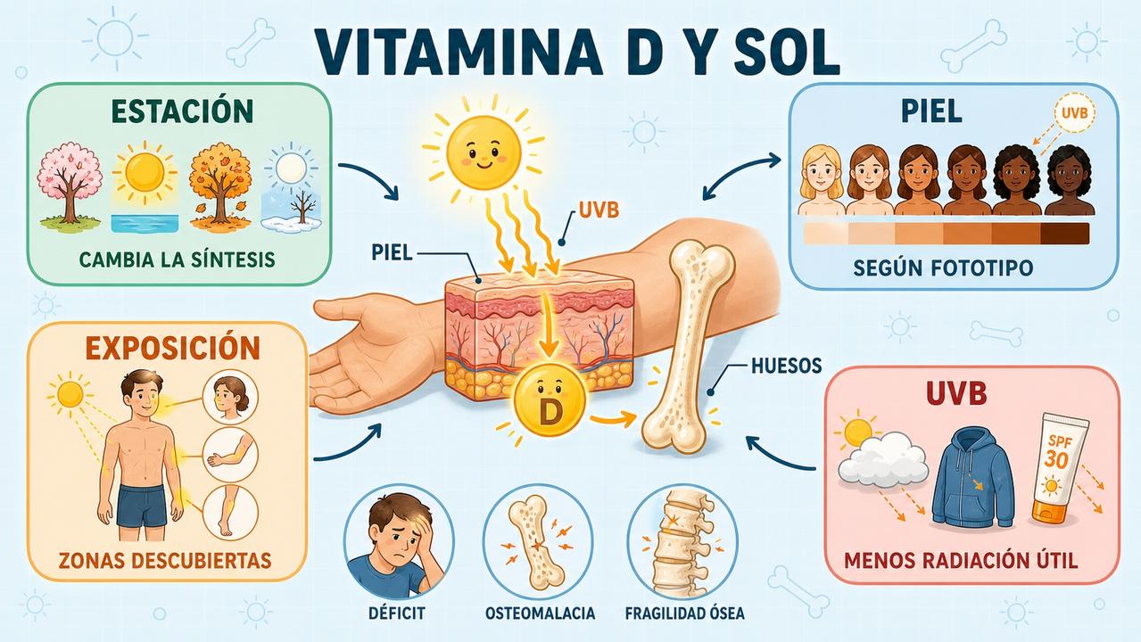 Estación, fototipo, zonas expuestas y radiación UVB condicionan la vitamina D.