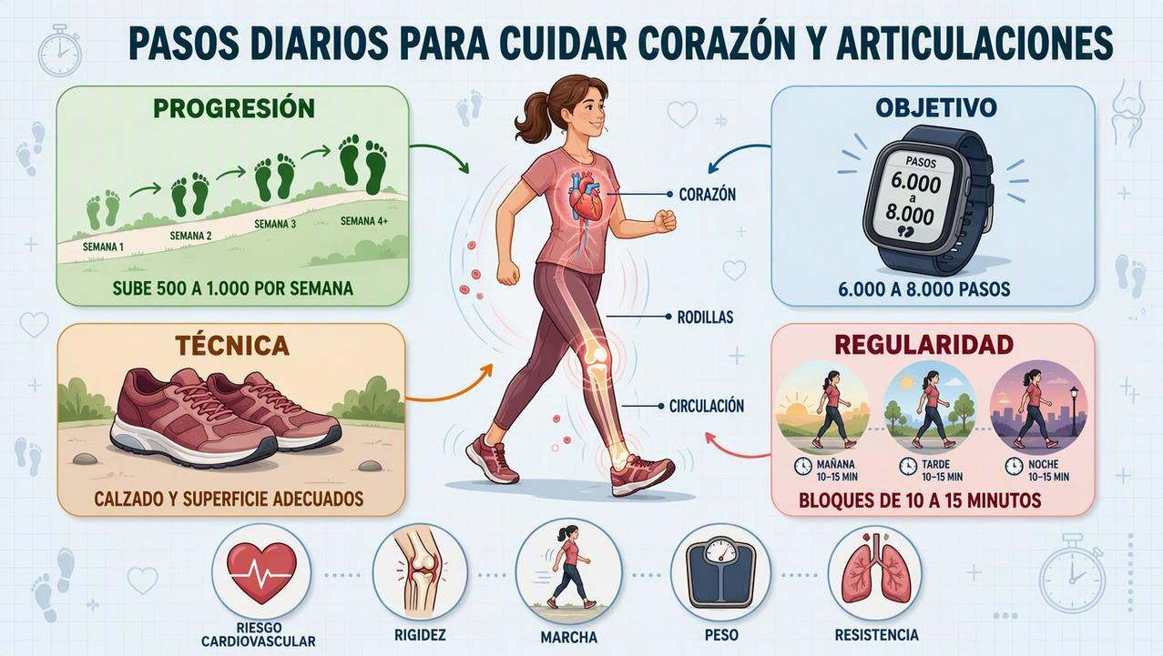 Progresión, objetivo, técnica y regularidad para caminar con beneficio cardiovascular y articular.