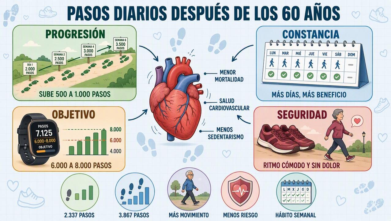 Progresión, constancia, objetivo y seguridad para sumar pasos con beneficio cardiovascular.