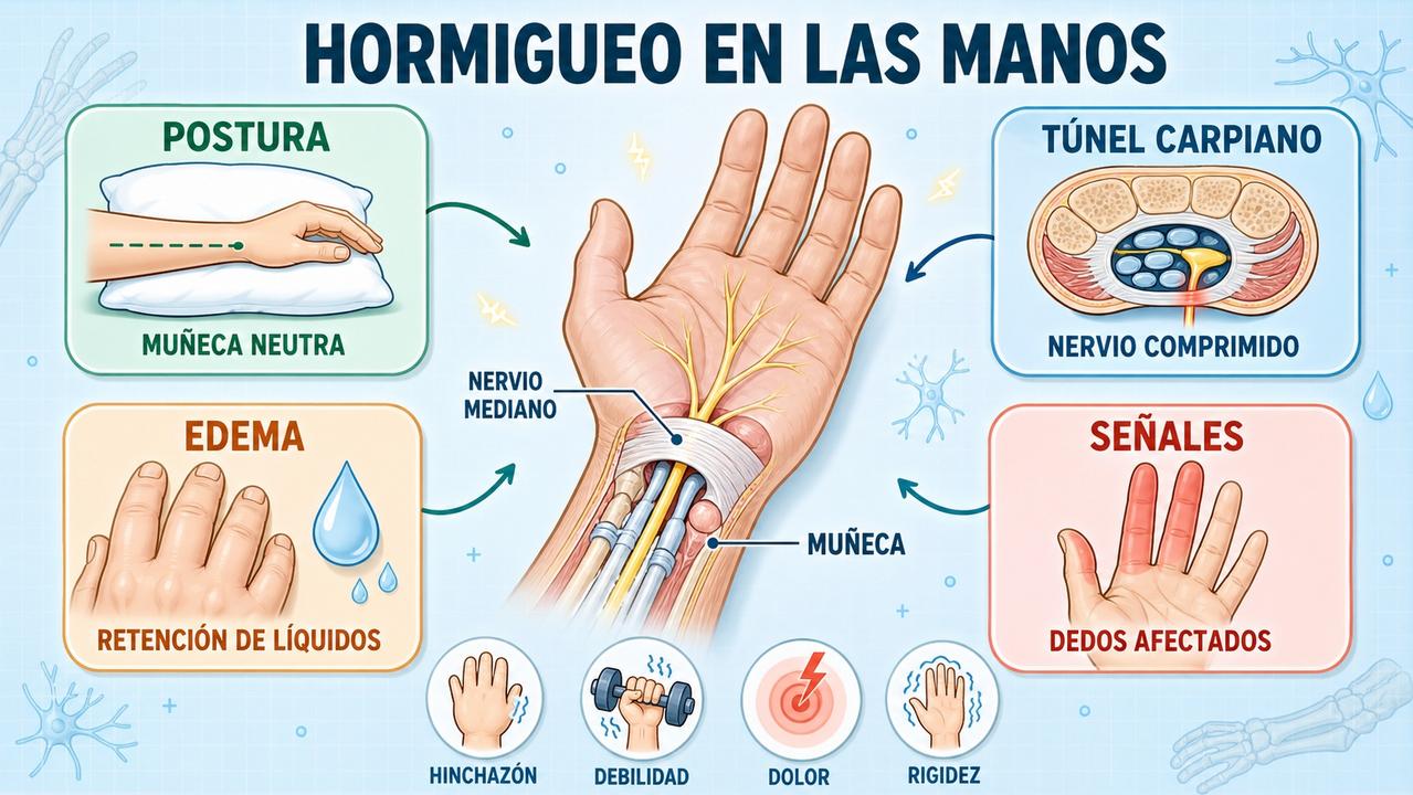 Postura, compresión nerviosa, edema y señales clave del hormigueo nocturno.