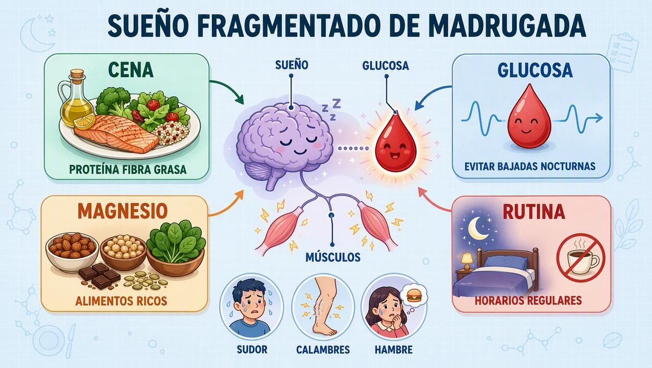 Cena equilibrada, glucosa, magnesio y rutina sostienen un sueño nocturno más estable.