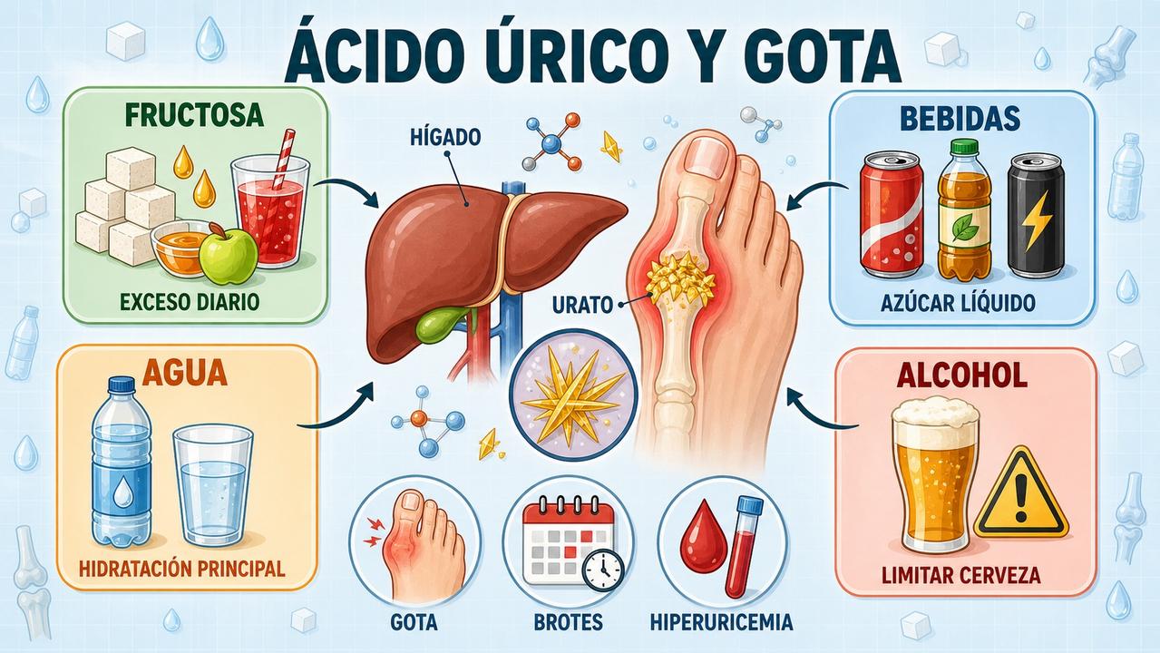 Fructosa, bebidas, hidratación y alcohol influyen en el riesgo de gota.