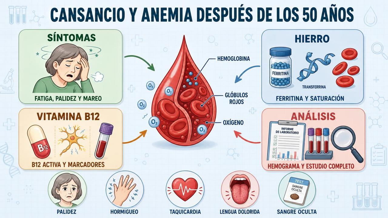 Síntomas y análisis clave para detectar anemia, hierro bajo y vitamina B12.