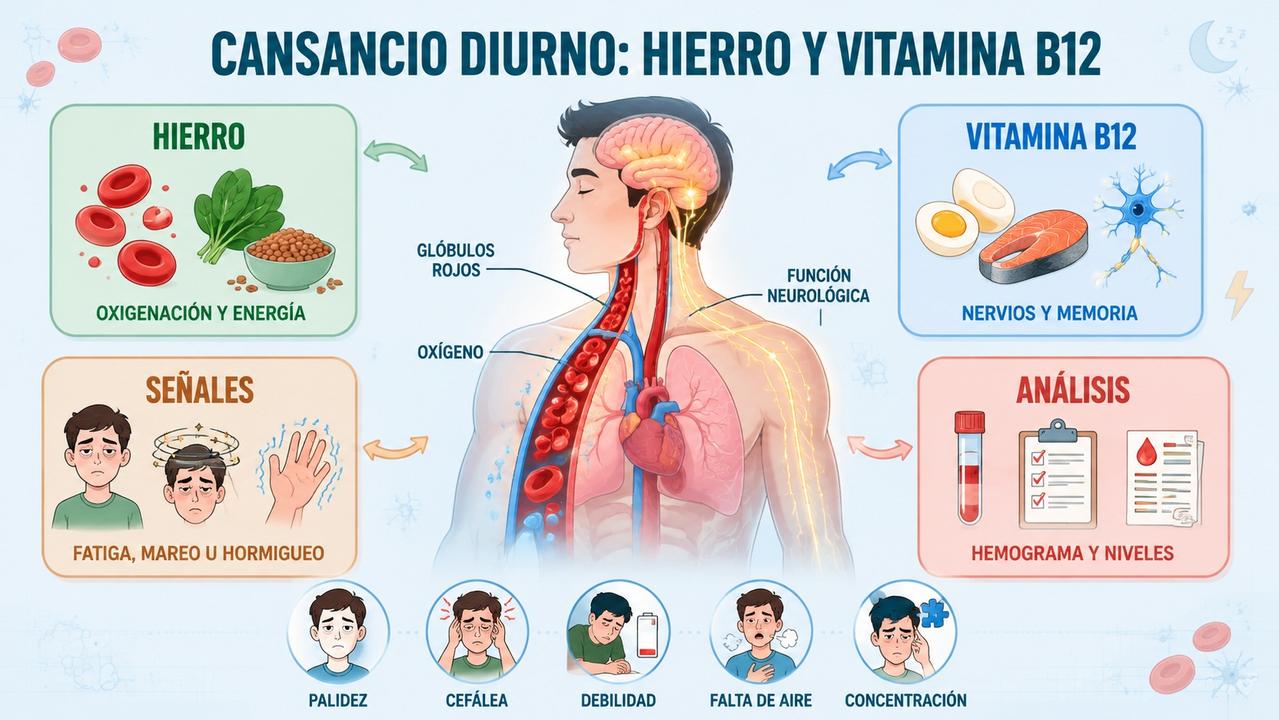 Hierro, vitamina B12, síntomas y análisis clave ante cansancio persistente.