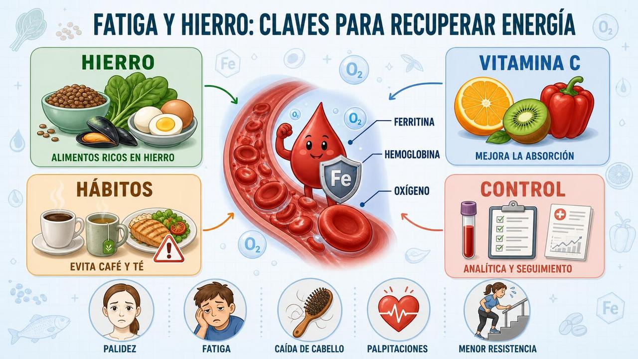 Hierro, vitamina C, hábitos y control analítico sostienen la energía diaria.