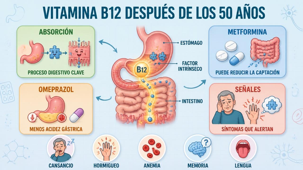 Absorción, metformina, omeprazol y síntomas: claves del déficit de vitamina B12.
