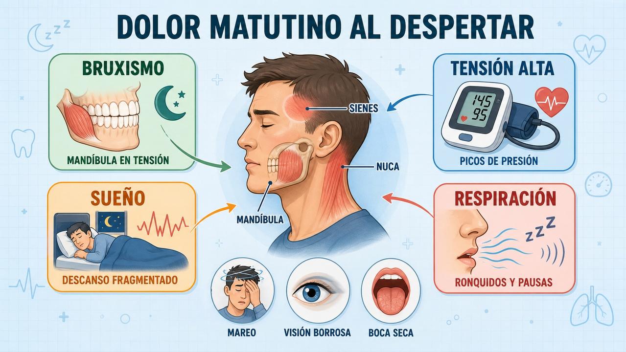 Bruxismo, tensión alta, sueño y respiración explican muchas cefaleas matutinas.