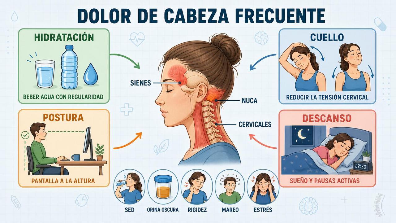 Hidratación, cuello, postura y descanso: claves para prevenir el dolor de cabeza.