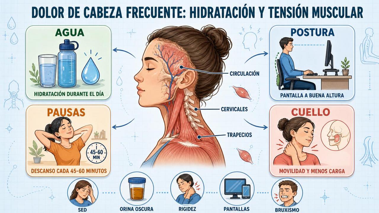 Hidratación, postura, pausas y cuello relajado: pilares para prevenir cefaleas.